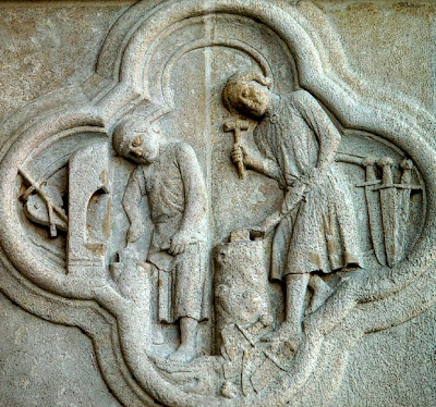 Swords Are Beaten into Plowshares Quatrefoil on the western exterior Cathédrale d'Amiens depicting Micah's prophecy concerning the future reign of peace in which nations will beat swords into plowshares and wage war no more.